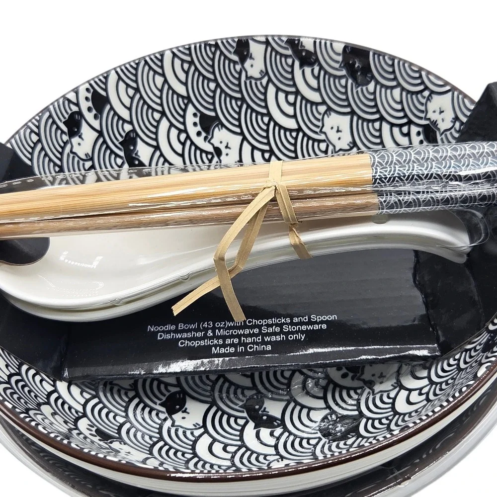 SH Home Black Waves Cats Ceramic Ramen Noodle Bowl Set of 2 w/ Chopsticks Spoons